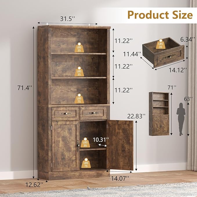 72'' Tall Bookcase with Doors and Drawers, Adjustable Shelves, P2 MDF Construction, 32'' Wide Freestanding Cabinet with Metal Handles, Hidden Storage for Living Room, Bedroom, Brown