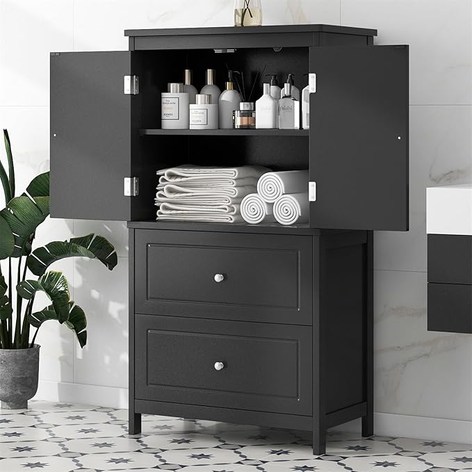 Polibi 43.3" H Storage Cabinet with 2 Doors, 2 Drawers, Adjustable Shelf, Wooden Linen Cabinet for Bathroom, Office, Kitchen, Black