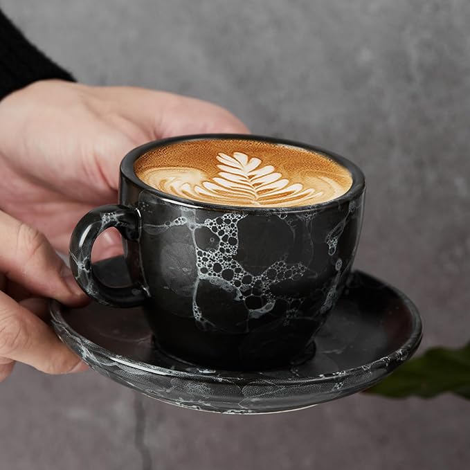SIDUCAL Espresso Cups Set of 4,6 Ounce Ceramic Coffee Cups with Saucers,Porcelain Double Espresso Cup Set,Gift Box for Boyfriend Gift(Black)