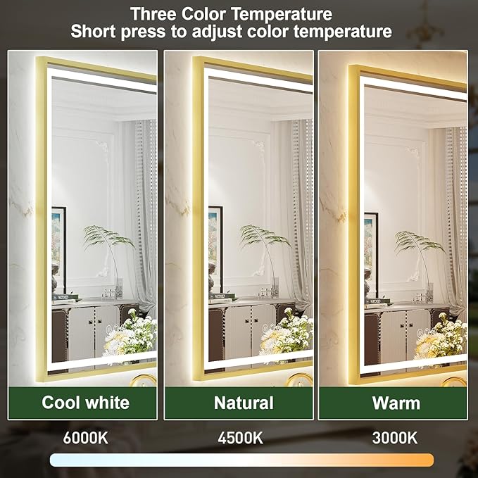 48X30 Inch Led Bathroom Mirror,Front and Backlit Lighted Mirror,Gold Metal Frame Vanity Light Mirror for Wall,Double Lights Strips,Anti Fog Stepless 3 Colors Temperature & Dimmable