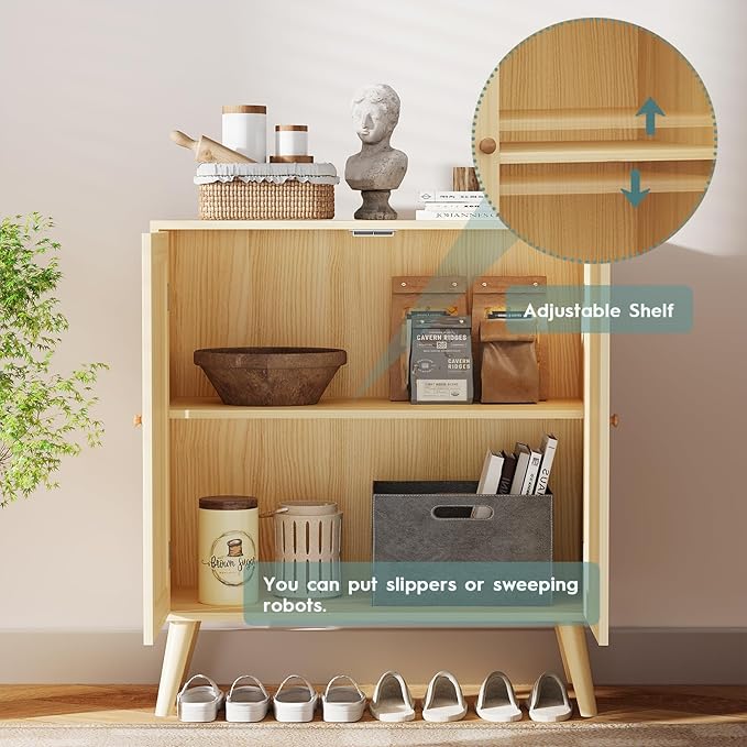 EOYUTLLY Sideboard Buffet Cabinet, Kitchen Buffet Storage Cabinet with Rattan Doors, Accent Cabinet with Adjustable Shelves for Hallway,Kitchen,Living Room, 31.5 x 15.7 x 35 Natural, Assemble Easily