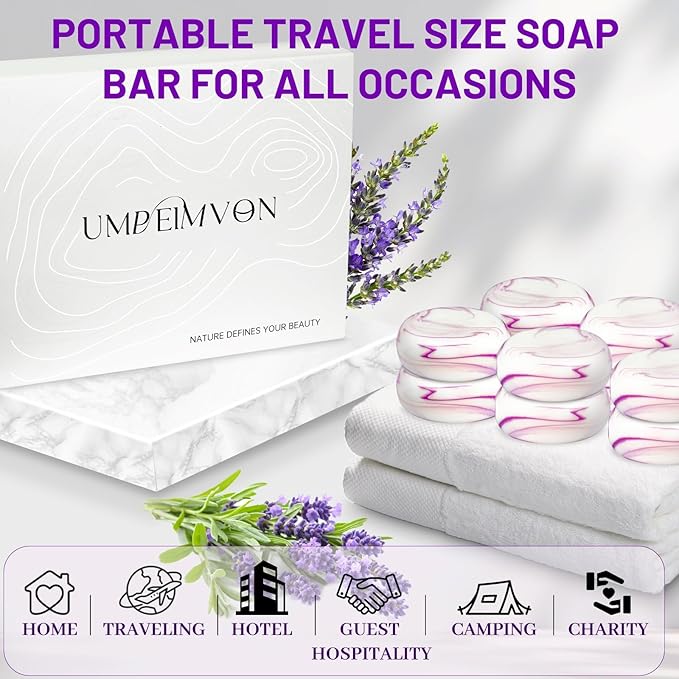 14 Pack 25 g Travel Size Lavender Soap, Individually Wrapped Handmade 4-In-1 Mini Hotel Soap Bars with Shea Butter, Olive Oil, Creamy Lather, Eco-Friendly, 0.88 oz