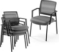 DUMOS Grey Stackable Arm Chairs with Mesh Back and Upholstered Fabric, Sturdy Metal Frame, Easy to Store and Use, Perfect for Indoor and Outdoor Spaces, 4 Chair