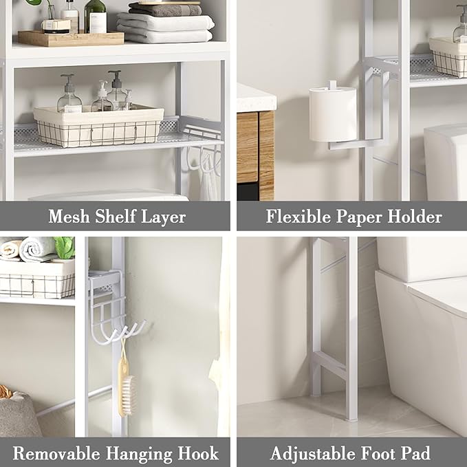AWQM Over The Toilet Storage Cabinet, Bathroom Cabinet Organizer with Adjustable Shelf, Freestanding Space Saver Toilet Stands with Door, Paper Hook, Multifunctional Bathroom Toilet Rack, White