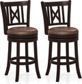 COSTWAY Bar Stools Set of 2, 26” Swivel Bar Chairs with Footrest, Rubber Wood Frame & Hollowed Backrest, Leathaire Counter Height Stools, Padded Counter Stools for Kitchen Island & Pub (2, 26'')