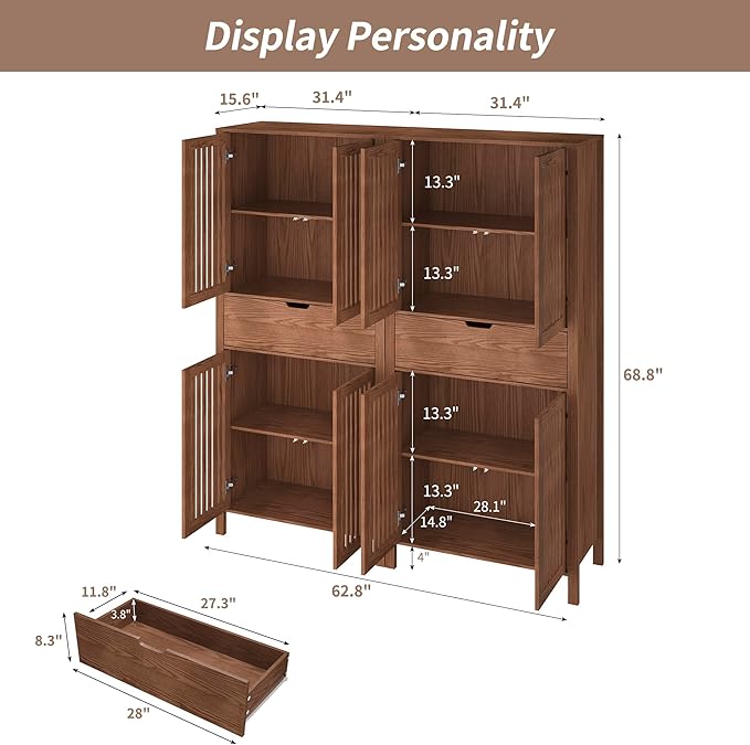 Set of 2 Rustic Brown 69" Tall Farmhouse Storage Cabinet with Drawer & Adjustable Shelves, Grille Door Organizer Unit, Anti-Tip Design for Bathroom,Kitchen,Living Room