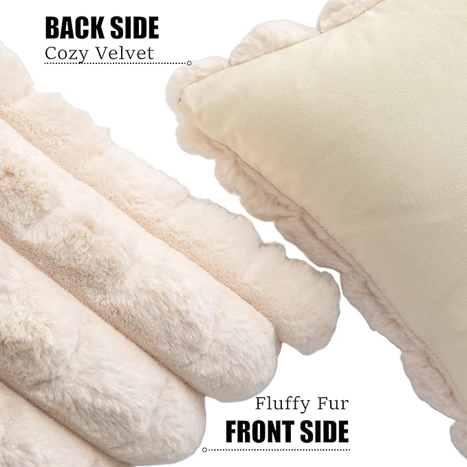 Neelvin Beige Faux Fur Cozy Soft Plaid Decorative Throw Pillow Covers 16x16 inch Set of 2,Velvet Pillowcase Cushion Case for Sofa Couch