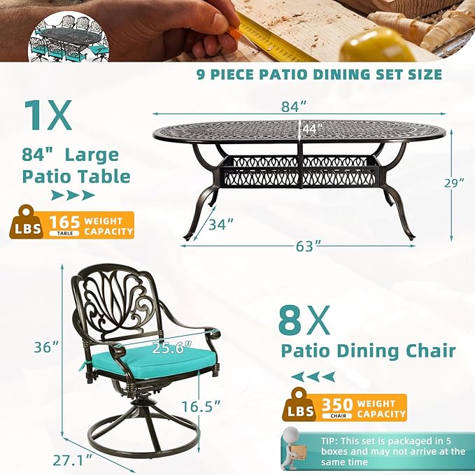MEETWARM 9-Piece Outdoor Patio Dining Set, All-Weather Cast Aluminum Patio Conversation Set for Backyard Garden Deck with 8 Cushioned Swivel Rocker Chairs, 1 Oval Table, 2" Umbrella Hole, Ocean Blue