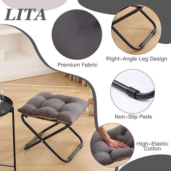 LITA Folding Footrest Stool, Portable Ottoman Foot Rest, Upholstered Small Foldable Ottoman with Detachable Thick Cotton Cushion Padded Sofa Stool for Living Room, Bedroom, Dark Grey Set