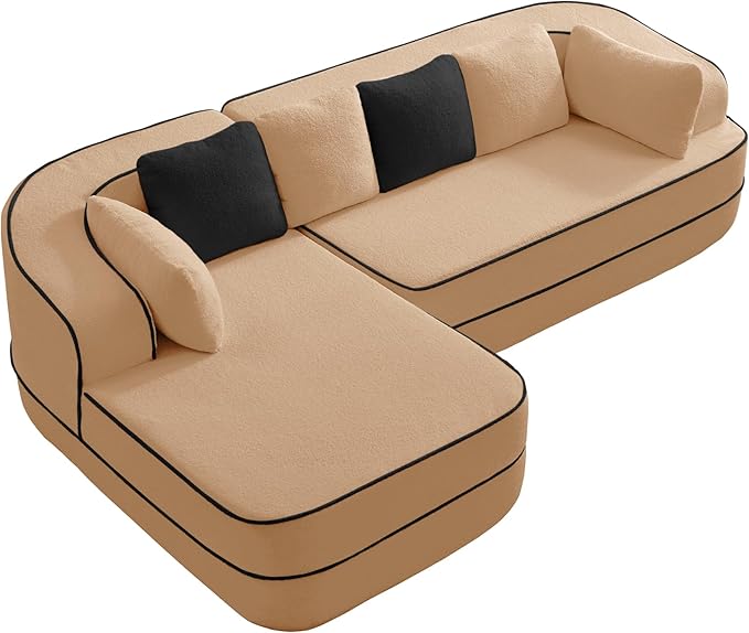 Cloud Sectional Sofa Modern Boneless Couch for Living Room, Comfy Deep Seat Comfy Teddy Fabric Double Sofa Chaise No Assembly Required (Camel, 106" L Shape with Left Facing)