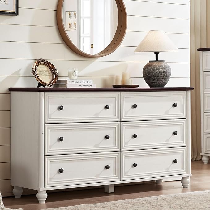 6 Drawers Dresser for Bedroom, Farmhouse 54" Wide Wood Dressers Chest of Drawers, Vintage Design TV Stand, Rustic Storage Dresser Organizer with Metal Handle Closet for Living Room, Hallway