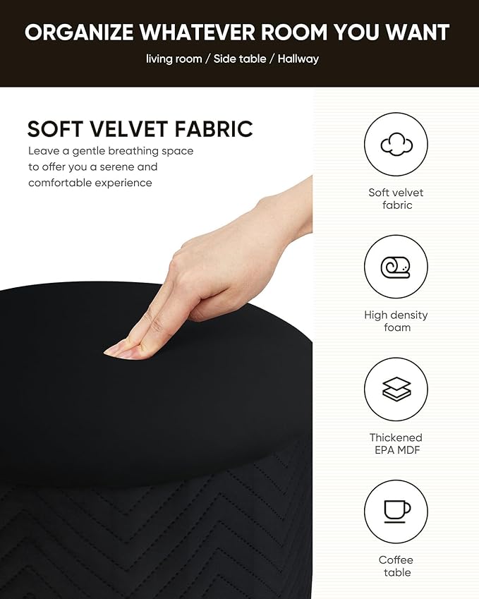 B FSOBEIIALEO Ottoman with Stroage, Round Velvet Storage Ottoman with Gold Plating Base,Foot Rest Stool for Dorm Room, Living Room Black, 14.76"x14.76"x16.35"