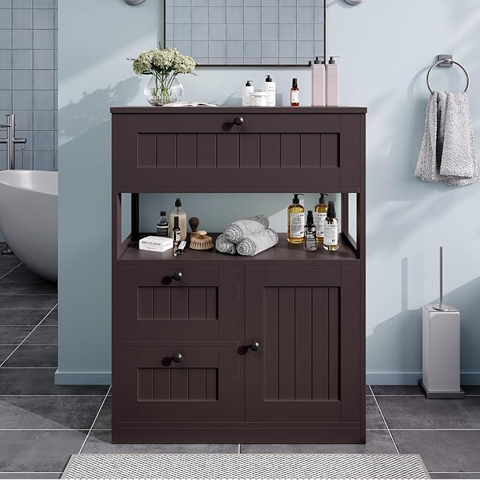 Bathroom Cabinet, Modern Bathroom Floor Storage Cabinet Organizer with 1 Door and 3 Drawers, Freestanding Cupboard for Kitchen/Living Room Use