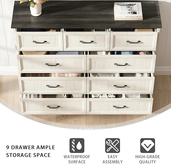 CARPETNAL Farmhouse 9 Drawer Dresser for Bedroom, 55 Inch Wide Modern White Dresser TV Stand with Large Drawers & Bar Handles, Rustic Wood Chest of Drawers for Bedroom, Living Room, Hallway, Entryway.