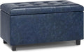 SIMPLIHOME Cosmopolitan Storage Ottoman - 34 inch Wide Upholstered Vegan Leather Rectangle Storage Ottoman Bench in Denim Blue, Transitional Tufted Ottoman for Living Room or Entryway with Lift-Up Lid