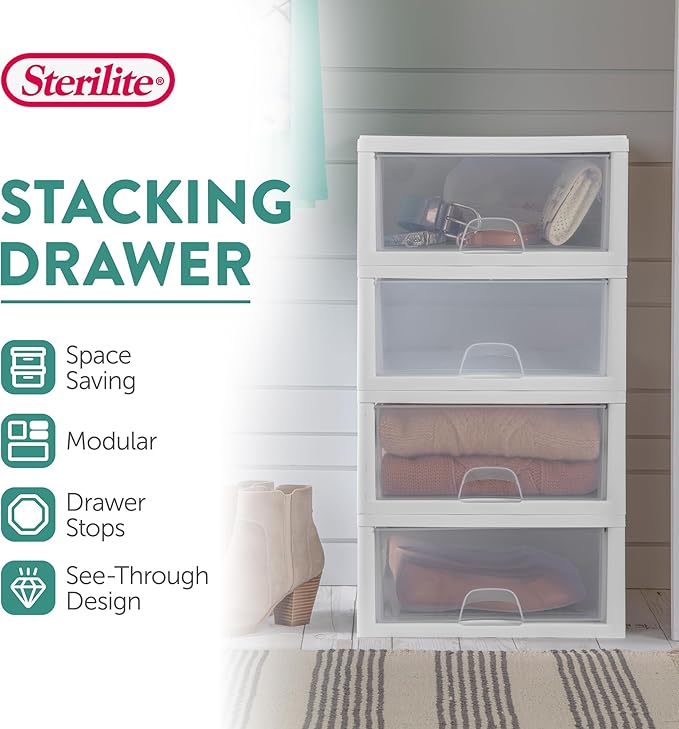 Sterilite 18-Pack 16 Quart Stacking Drawer, Clear Storage Closet Organizer, White Frame - Stackable Modular Plastic Drawers for Clothes, Accessories, Craft Supplies, Shoes or Linens