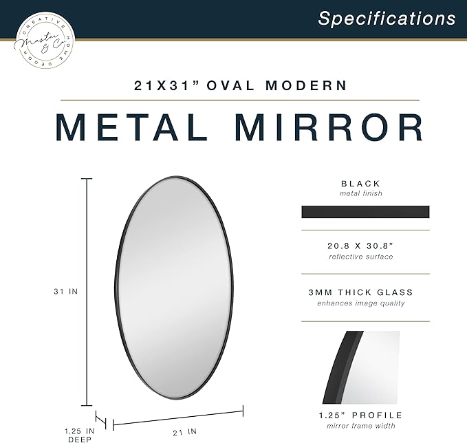 MCS Master & Co. Modern Metal Large Wall Mirror, Minimalist Home Decor Oval Mirror for Living Room, Bedroom, or Bathroom, 21 by 31 Inch, Black