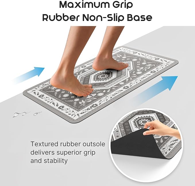 ArtyCozy 2 Piece Boho Kitchen Rug Set, Non-Slip Super Absorbent Kitchen Mats for Floor with Rubber Backing, Stain Resistant Runner for Hallway Laundry Holiday Decor, Grey, 20" × 32'' Plus 20'' × 47''