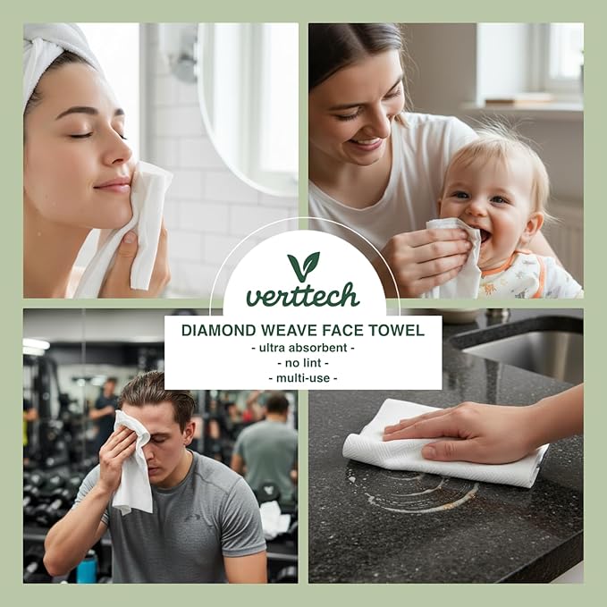 verttech™ Diamond Weave Disposable Face Towels, 100 Count (2 x 50 Count) –Clean Towels XL10"x12", Ultra Absorbent, Facial Tissue for Clean Skin, Makeup Remover Wipes