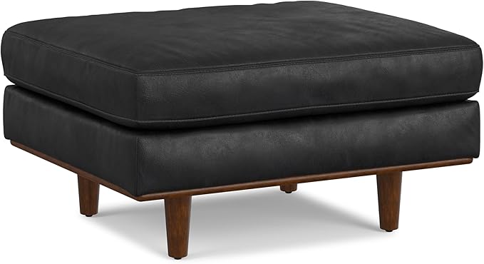 SIMPLIHOME Morrison 33 inch Wide Ottoman in Lead Black Genuine Leather, Multifunctional Footrest, Coffee Table, and Extra Seating for Living Room, Mid-Century Modern Style