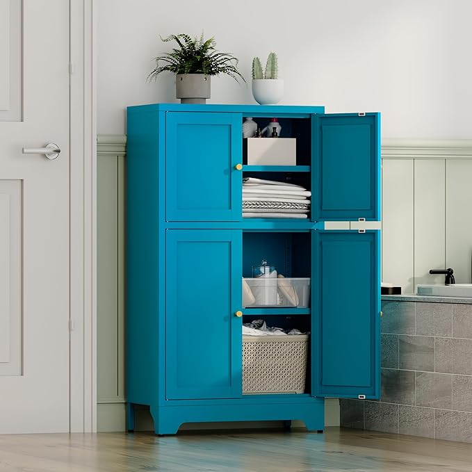 Blue Bathroom Floor Cabinet, Metal Storage Cabinet with 2 Adjustable Shelves & 4 Doors,Freestanding Sideboard for Dining Room,Living Room, Home Office