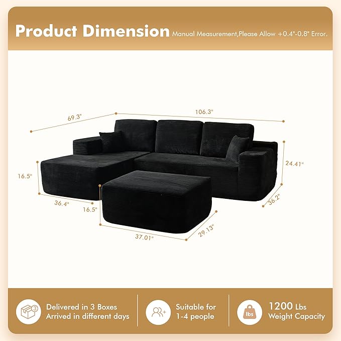 106" Cloud Sectional Couch with L-Shape Chaise & Ottoman, No Assembly Modular Sofa, Deep Seat Plush Corduroy Boneless Couched for Living Room (Black Plush Corduroy, Left Facing Chaise with Ottoman)