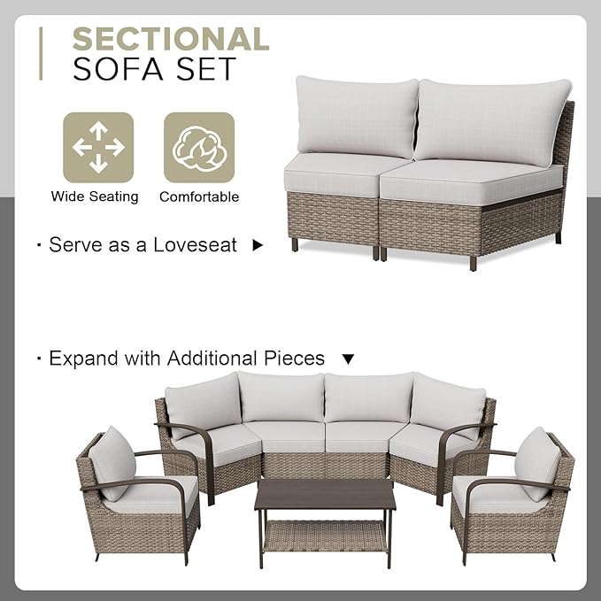 COOS BAY Aurora Terrace Half-Moon Outdoor Furniture Set, Rattan Conversation Set with Patio Chairs, Curved 4-Seat Sofa, Coffee Table, Seats 6, Beige/Beige