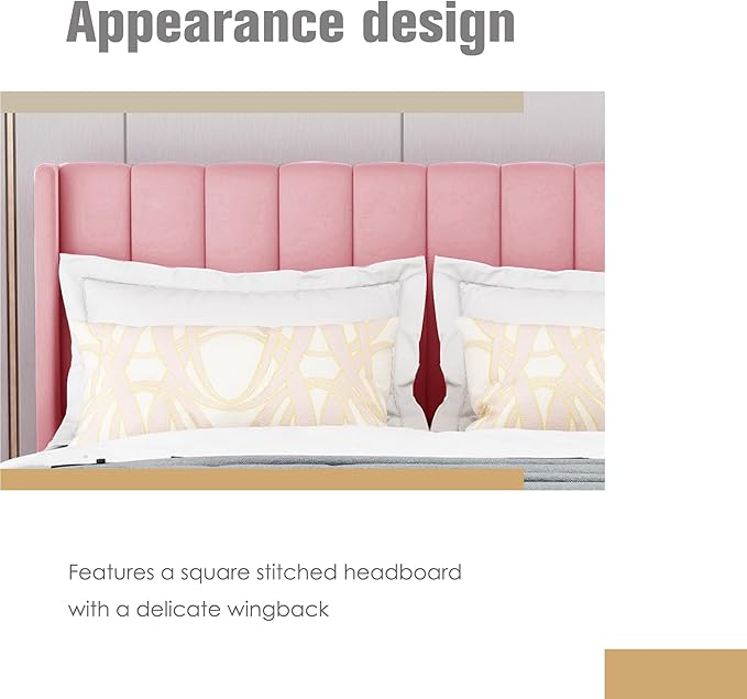 AGARTT Upholstered Platform Bed Frame Full Size with Headboard and Footboard/Wooden Slats Support/No Box Spring Needed Easy Assembly,Pink Velvet