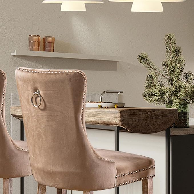 Velvet Upholstered Dining Chairs Set of 6, Modern Style Kitchen Side Chairs with Nailhead Trim and Wood Legs,Metal Pulling Ring for Dining Room Living Room(Khaki,Set of 6)