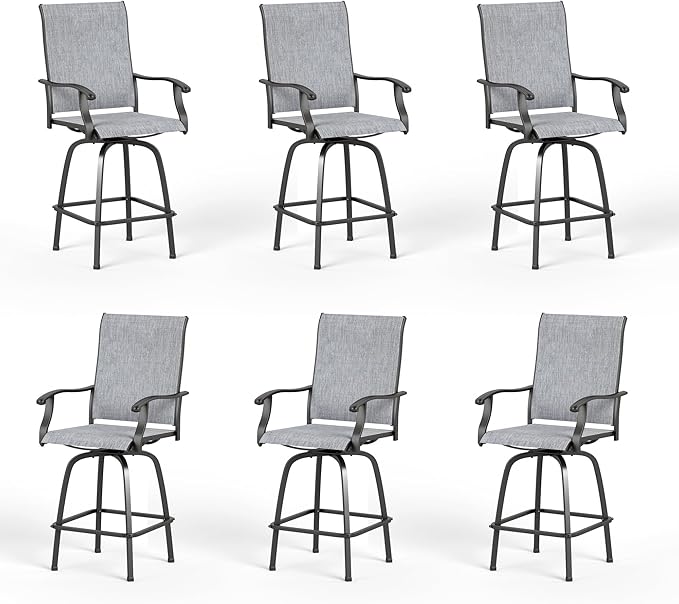 PHI VILLA Outdoor Swivel Patio Bar Stools Set of 6, 30 Inch Bar Height Tall Patio Chairs with Back & Armrest, Durable Textilene Fabric in Grey for Deck Lawn Garden