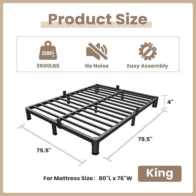 ROIL 4 inch King Size Bed Frame Metal Platform No Box Spring Needed with Round Corner Legs Mattress Stoppers Retainers 3500LBS Heavy Duty Steel Slats Noise-Free