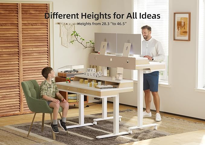Claiks Electric Adjustable Standing Desk with Drawers, Sit Stand Up Desk with Storage Shelves & Wheels, 55 Inch White