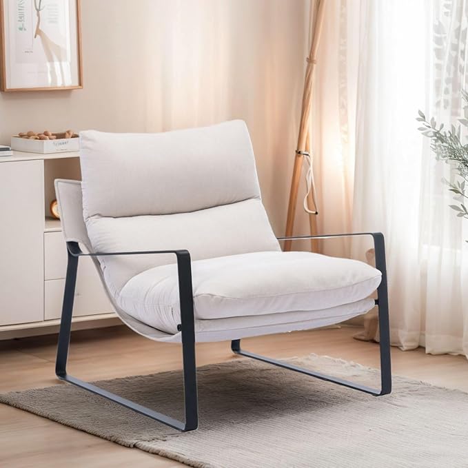 LukeAlon Modern Linen Accent Armchairs Set of 2, Upholstered Soft Living Room Chairs with Metal Base Removable Thickened Cushion Sofa Chairs Comfy Lounge Chair for Bedroom Living Room, White