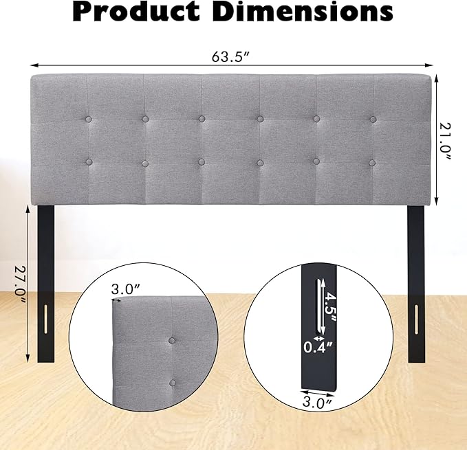 Giantex Linen Upholstered Headboard, Adjustable Width Button Tufted Headboard Only with Solid Wood Legs, Attach Frame, Rectangular Headboard for Queen Full Size Bed, Gray