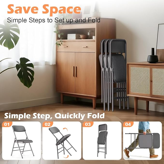 Folding Chairs 4 Pack with Padded Cushion and Back, Metal Folding Chairs with Comfortable Cushion and Durable Steel Frame Capacity for Home, Office, Party and Outdoor Events (PU-Grey, 4 Pack)