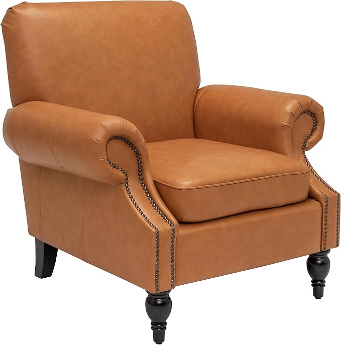 Accent Chair,22.4" Seat Depth Living Room Chair,36.6W*34.3D*34.6H Armchair with Roll Arms and Wood Legs,Set of 2,Faux Leather in Brown