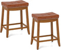 COSTWAY Saddle Bar Stools Set of 2, 25-Inch Counter Height Barstools w/PU Leather Seat, Solid Rubber Wood Frame, Footrest, Mid-Century Backless Counter Stools for Kitchen Island Home Bar