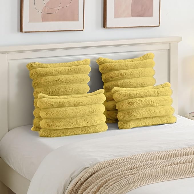 FUTEI Mustard Yellow Decorative Throw Pillow Covers 18x18 Inch Set of 2, Square Soft Faux Rabbit Fur Big Striped Cushion Cover,Home Decor for Couch Sofa Bed Living Room