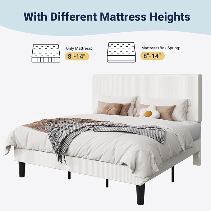 Allewie King Size Upholstered Bed Frame with Vertical Channel Tufted Headboard, Soft Corduroy Fabric Platform Bed, Strong Wooden Slats Support, Easy Assembly, No Box Spring Needed, White