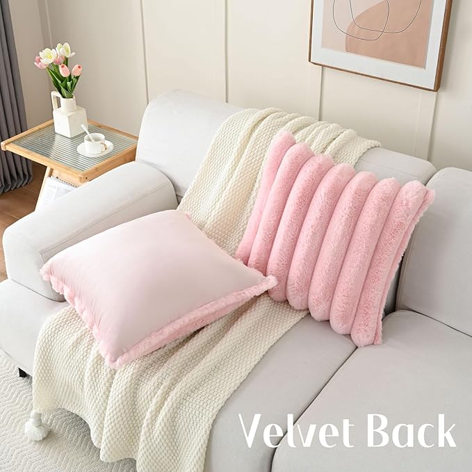 FUTEI Pink Decorative Throw Pillow Covers 20x20 Inch Set of 2, Square Soft Faux Rabbit Fur Thick Striped Cushion Cover,Winter Home Decor for Couch Bed Living Room