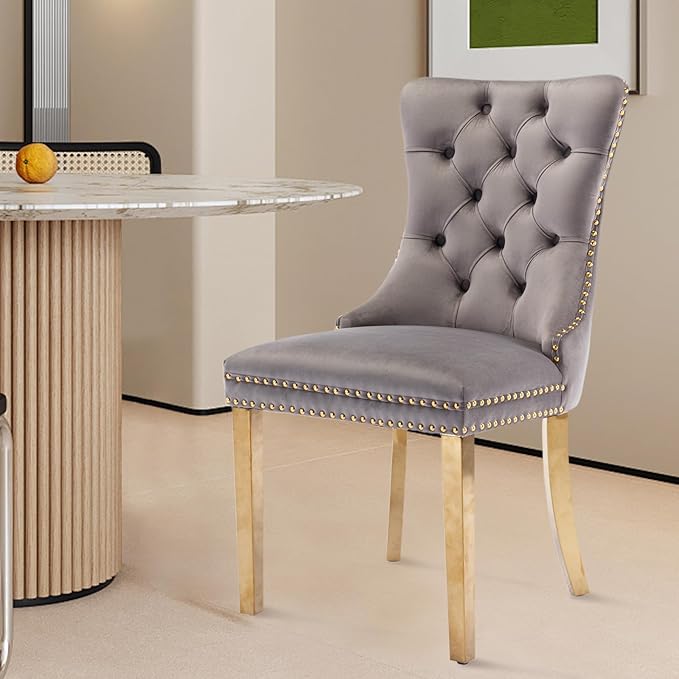 Velvet Upholstered Dining Chairs Set of 4, Modern Style Kitchen Side Chairs with Nailhead Trim and Gold Plated Leg, Metal Pulling Ring for Dining Room Living Room(Gery-Gold Plated Leg)