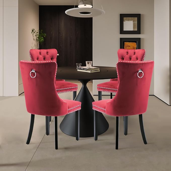 Velvet Upholstered Dining Chairs Set of 4, Modern Style Kitchen Side Chairs with Nailhead Trim and Wood Legs,Metal Pulling Ring for Dining Room Living Room(Wine Red,Set of 4)