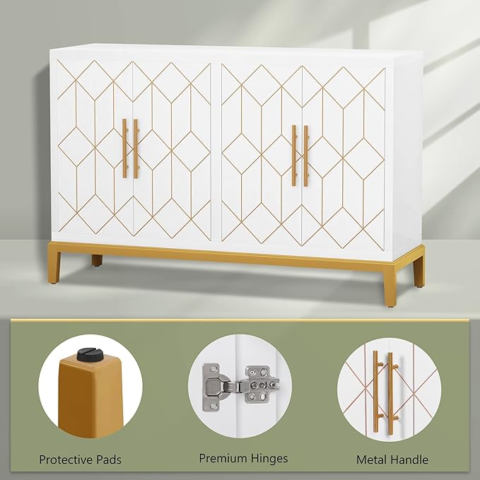 HLR Accent Cabinet with 4 Doors&Shelves, Sideboard Buffet Cabinet with Gold Trim, Modern White Storage for Living Room, Entryway, Kitchen, Dining Room, Hallway