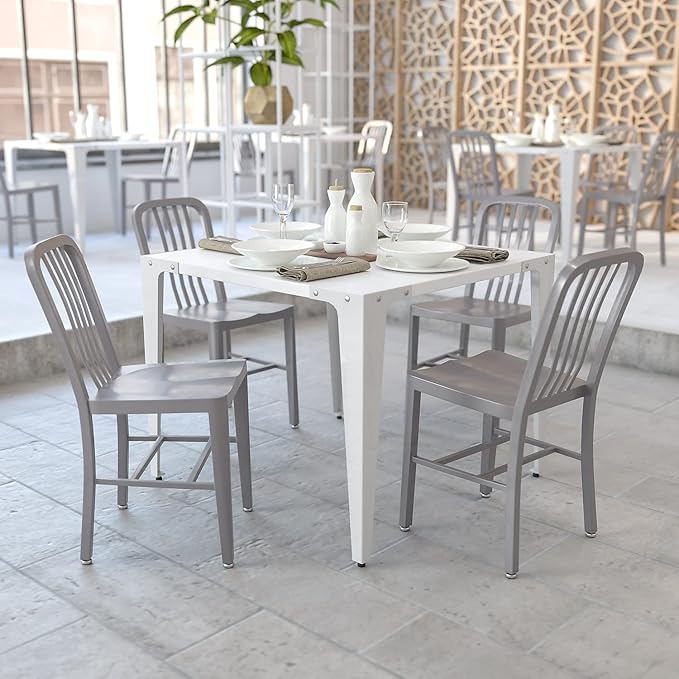Flash Furniture Gael Indoor/Outdoor Modern Metal Dining Chairs, Commercial-Grade Galvanized Steel Restaurant Chairs, Set of 2, Silver