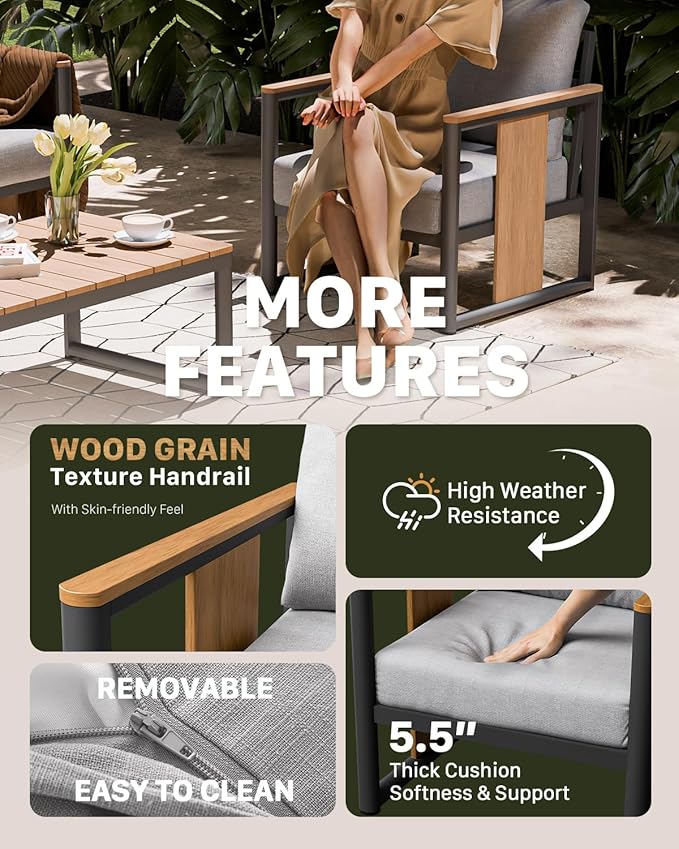 ZANDOR Aluminum Outdoor Patio Furniture Set,5-Piece Sectional Sofa with Coffee Table,Washable Thick Cushions,Modern Patio Conversation Set for Backyard,Garden,Porch,Balcony,Deck,Gray