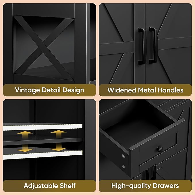 SUPER DEAL Farmhouse Storage Cabinet, Bathroom Floor Cabinet Kitchen Pantry with Doors and Drawers, Hutch Cupboard for Living Room, Bedroom, Laundry, Black