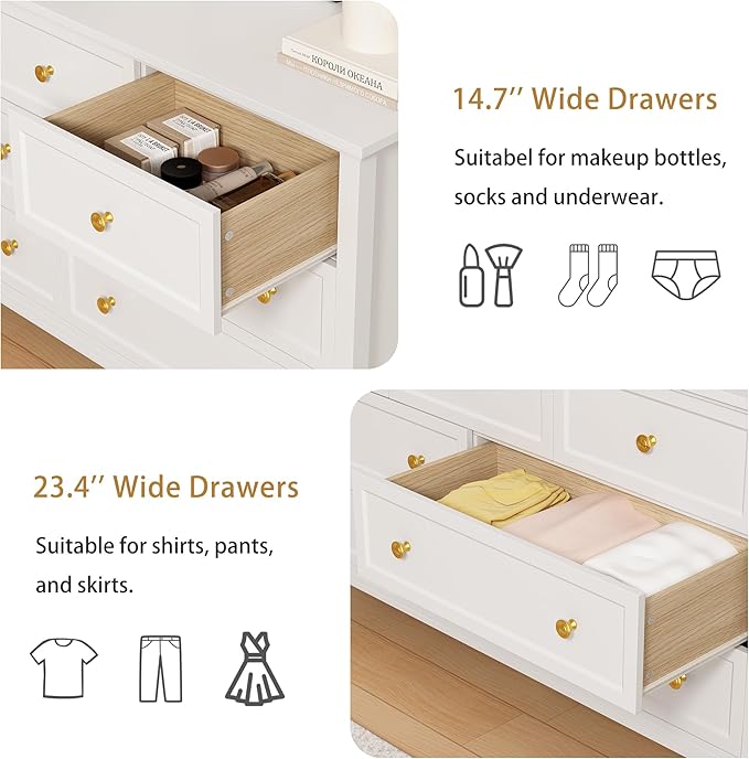 LYNSOM White Dresser for Bedroom with 7 Drawers, Modern Wide Chest of Storage Drawer with Gold Handles, TV Stand Dresser, Wood Dressers for Bedroom Living Room, Hallway, Entryway, 55’’