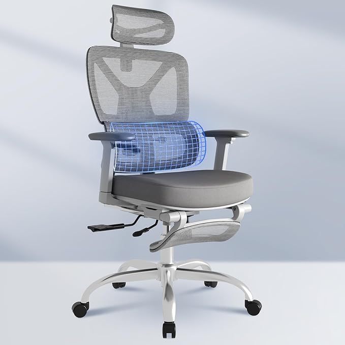 FLEXISPOT ErgoX Premium Ergonomic Office Chair with Footrest- Adjustable 3D Armrests, Dynamic Lumbar Support, Recline & Tilt Function, Mesh Seat, for Home & Office Use,Foam Grey