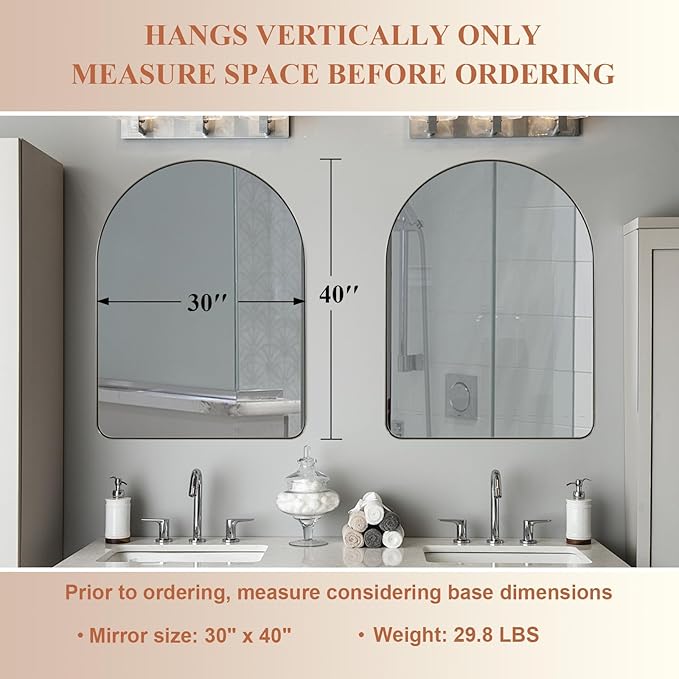 ANDY STAR 30 x 40 Inch Arched Mirror, Brushed Nickle Bathroom Mirror in Stainless Steel Metal Frame, Arch Top Rounded Corner 1 Inch Deep Set Design Wall Mount Hangs Vertical