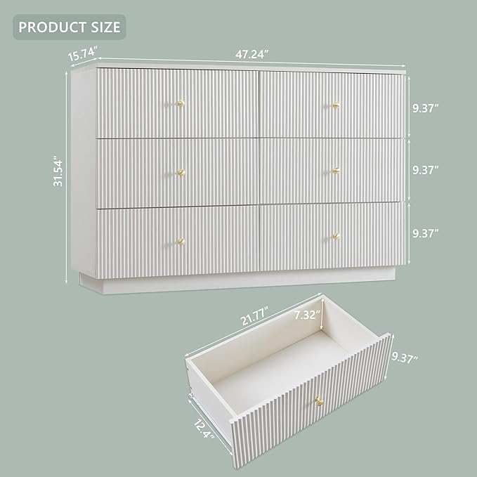 Fluted Dresser for Bedroom, 47" White 6 Drawer Dressers, Wood Tall Dresser Storage Organizer, Modern Chest of Drawers with Deep Storage for Closet Hallway, Entryway, Living Room, White